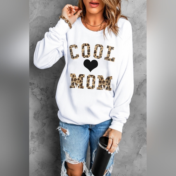Leopard COOL MOM Heart Graphic Top Long-sleeve Pullover Casual Sweatshirt - Picture 4 of 5